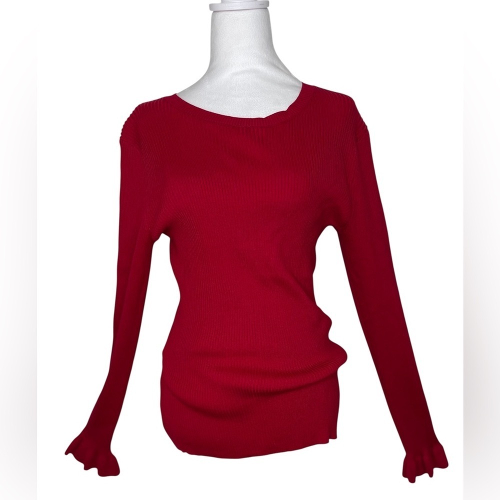 Tahari Vibrant Red Holiday Ribbed Long Ruffled Sleeve Top Party Christmas Large - Picture 2 of 12